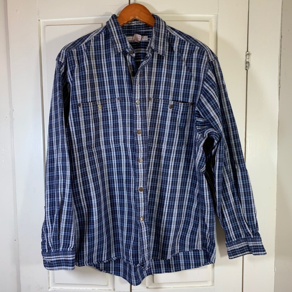 Smith‎ & Hawken Mens Blue Plaid Cotton Button Up Shirt LS L Gardening Chores VTG